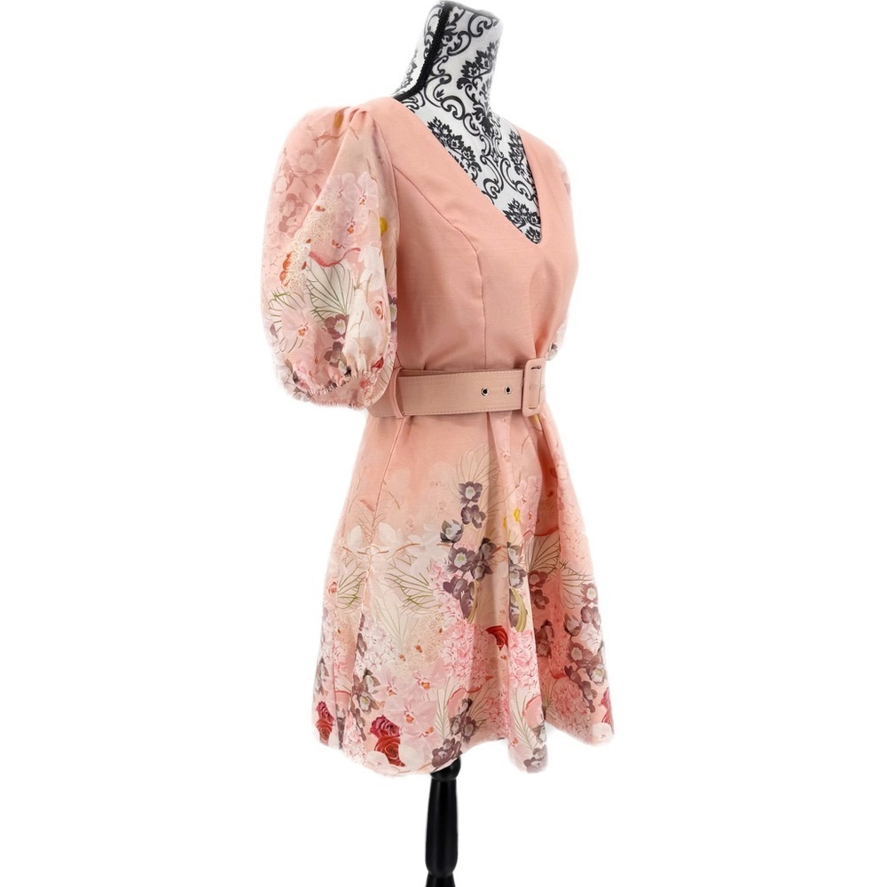 INA Pink Floral Puff Sleeve Belted Mini Dress | Romantic Spring Garden Party - Picture 6 of 10